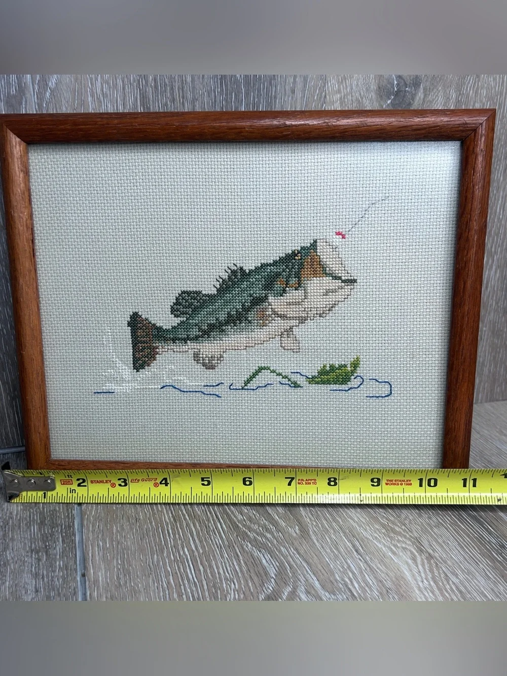Handmade Largemouth Bass Cross Stitch • Rustic Cabin Wall Art • Framed Fishing